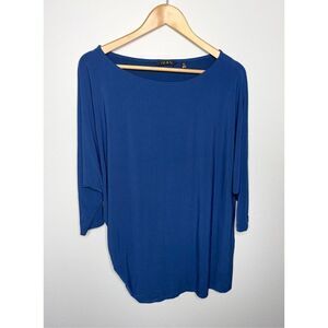 IMAN Womens Ruched Side Top Blouse 3/4 Sleeve Stretch Round Neck Blue Size XL